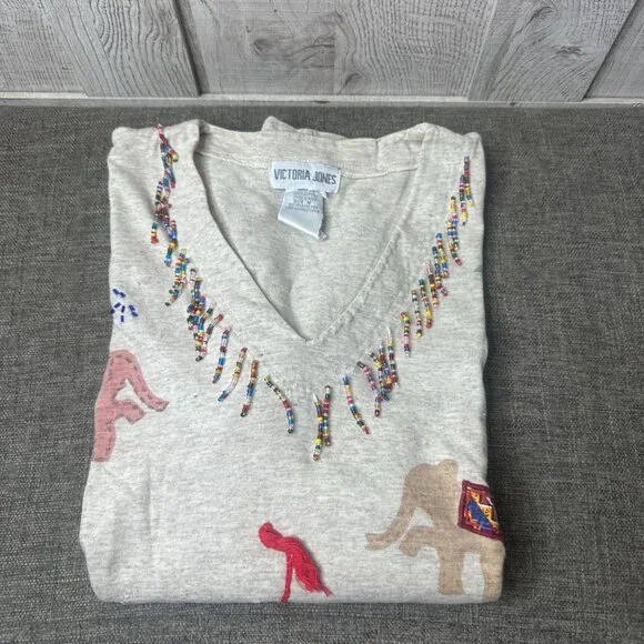 Vintage Unique Beaded Elephants Womens M V Neck Shirt Beige Artsy Crochet Trim - Picture 5 of 7